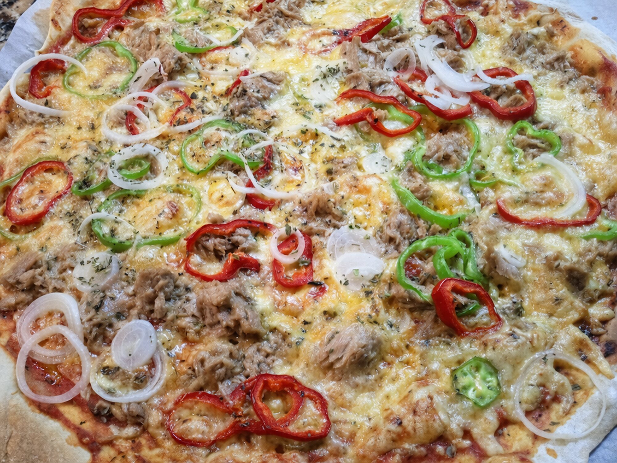 Pizza de Bonito, Pimiento Verde y Rojo